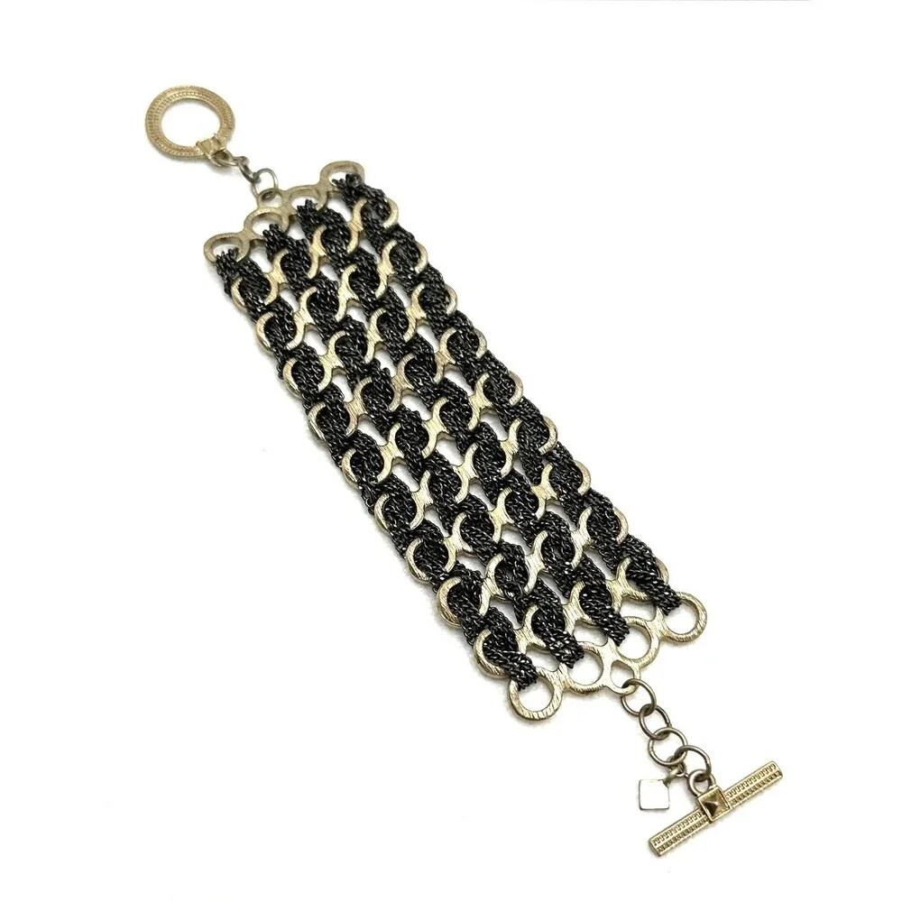 Banana Republic Chain Link Bracelet Black Woven Mesh Gold Tone Accent 7 1/4